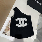 ONE SHOULDER TOP 622139 IN BLACK COTTON EMBOSSED PEARL TRIM