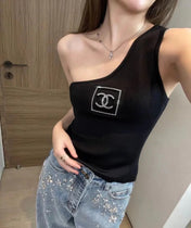 ONE SHOULDER TOP 624509 IN BLACK COTTON MULTICOLOR LOGO