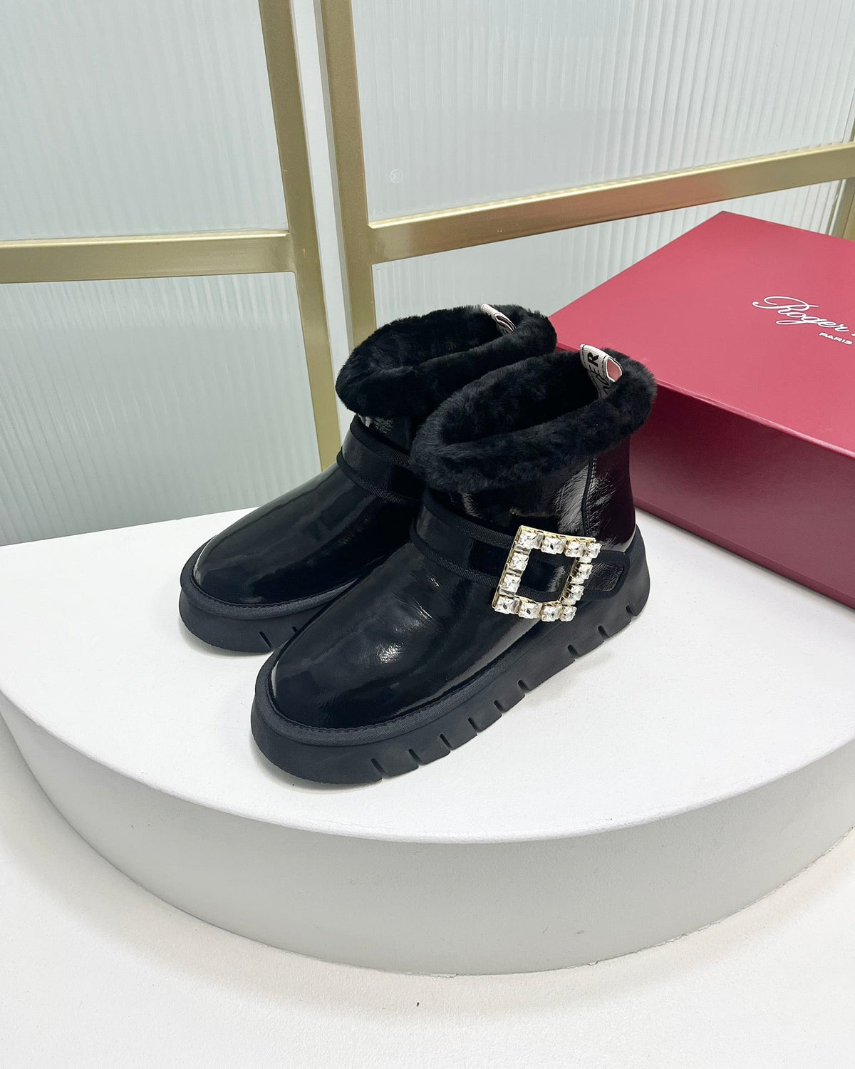 VIV’ WINTER FUR STRASS BUCKLE ANKLE BOOTS IN BLACK PATENT CALFSKIN