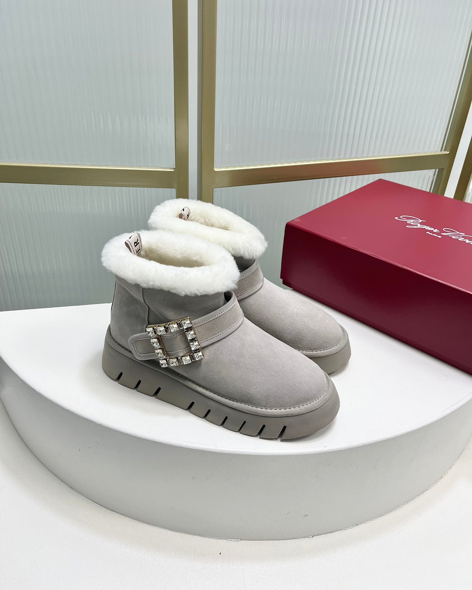 VIV’ WINTER FUR STRASS BUCKLE ANKLE BOOTS IN LIGHT GREY SUEDE