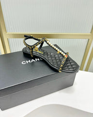 SANDALS PEARL CHAIN IN BLACK COWHIDE