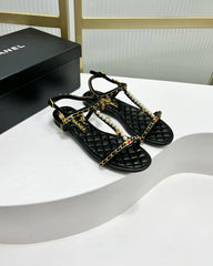 SANDALS PEARL CHAIN IN BLACK COWHIDE