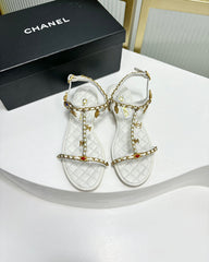 SANDALS PEARL CHAIN IN WHITE COWHIDE