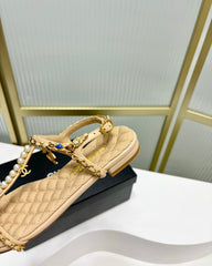SANDALS PEARL CHAIN IN BEIGE CREAM COWHIDE