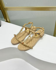 SANDALS PEARL CHAIN IN BEIGE CREAM COWHIDE