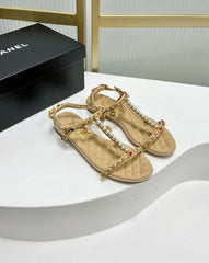 SANDALS PEARL CHAIN IN BEIGE CREAM COWHIDE