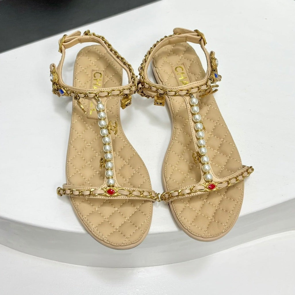 SANDALS PEARL CHAIN IN BEIGE CREAM COWHIDE