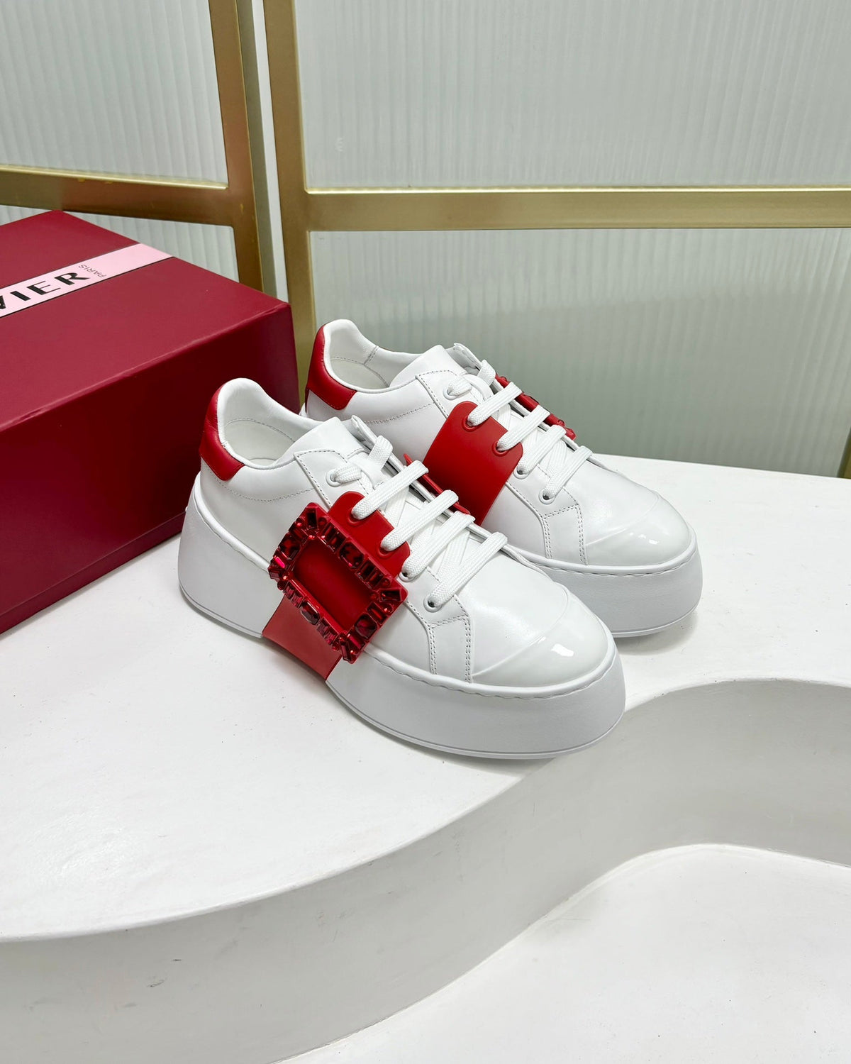 VIV' SKATE SNEAKERS IN WHITE CALFSKIN RED GLITTER STRAP AND CRYSTAL BUCKLE