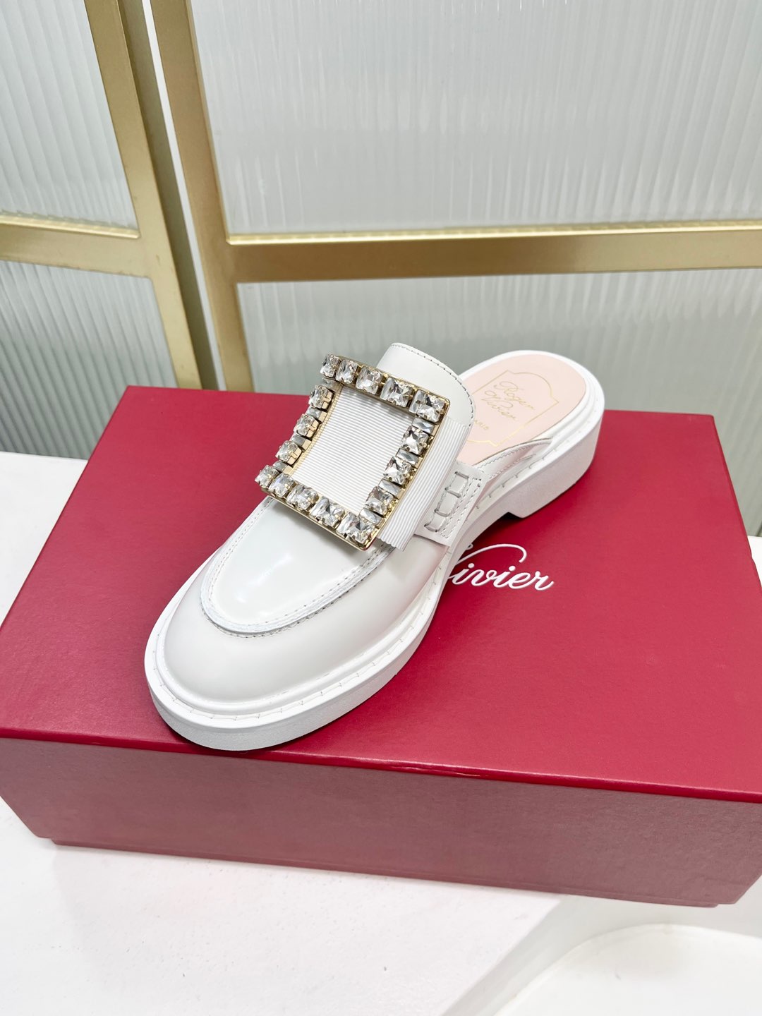 VIV' RANGERS MULES IN WHITE CALFSKIN CRYSTAL BUCKLE