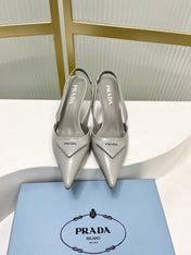 PRADA 26S SLINGBACK HIGH HEEL SANDALS 75MM IN LIGHT GRAY CALFSKIN WITH LOGO