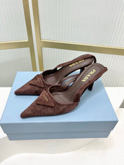 PRADA 26S SLINGBACK HIGH HEEL SANDALS 75MM IN DARK BROWN SUEDE WITH LOGO