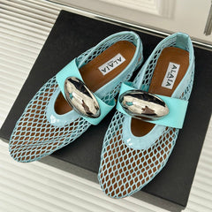 ALAIA MARY JANE SHOES IN SKY BLUE MESH WITH SILVER HARDWARE