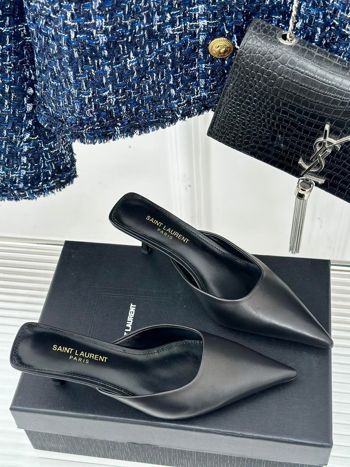 SL BARBARA MULES 55 BLACK CALFSKIN