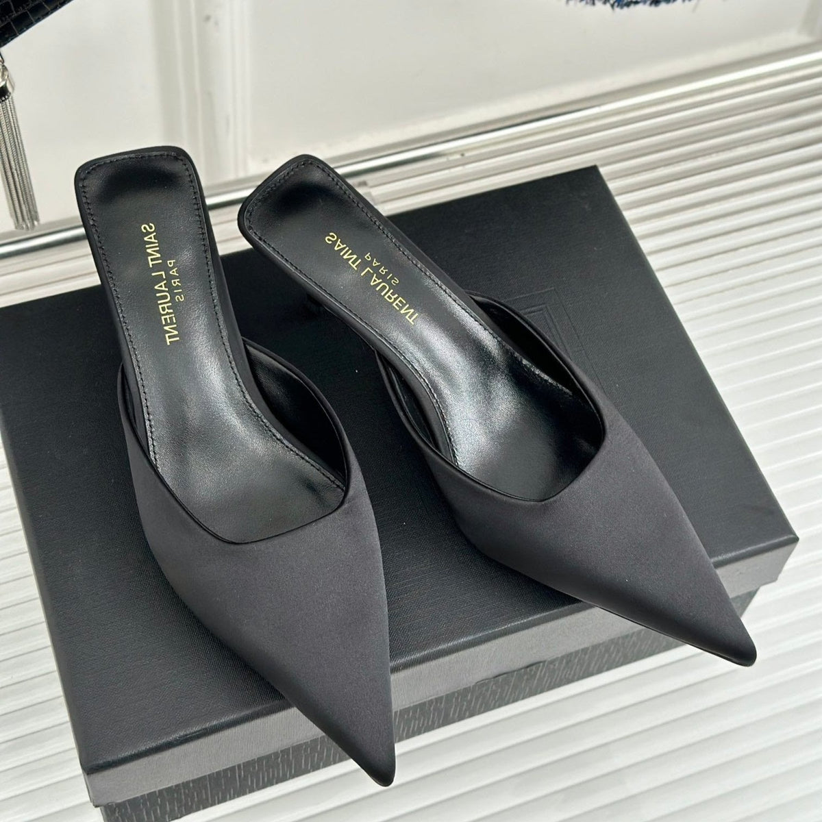 SL BARBARA MULES 55 BLACK SATIN CREPE