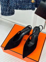 HIGH HEEL 75 MM POINTED- TOE SANDAL IN BLACK SUEDE