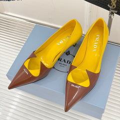 KITTEN HEEL PUMPS IN YELLOW MIX BROWN ORANGE CALFSKIN
