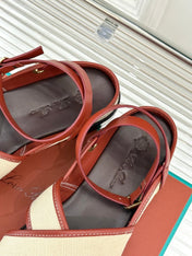 SANDALS THICK SOLE CROSS STRAP IN BEIGE FABRIC AND ORANGE CALFSKIN