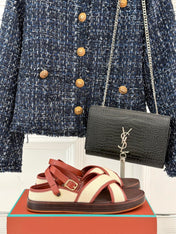 SANDALS THICK SOLE CROSS STRAP IN BEIGE FABRIC AND ORANGE CALFSKIN