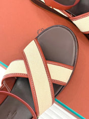 SANDALS THICK SOLE CROSS STRAP IN BEIGE FABRIC AND ORANGE CALFSKIN