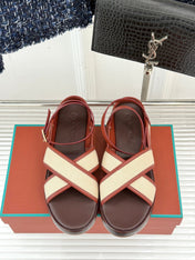 SANDALS THICK SOLE CROSS STRAP IN BEIGE FABRIC AND ORANGE CALFSKIN
