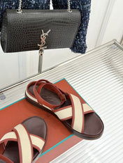 SANDALS THICK SOLE CROSS STRAP IN BEIGE FABRIC AND ORANGE CALFSKIN