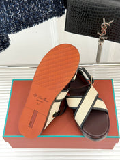 SANDALS THICK SOLE CROSS STRAP IN BEIGE FABRIC AND BROWN CALFSKIN