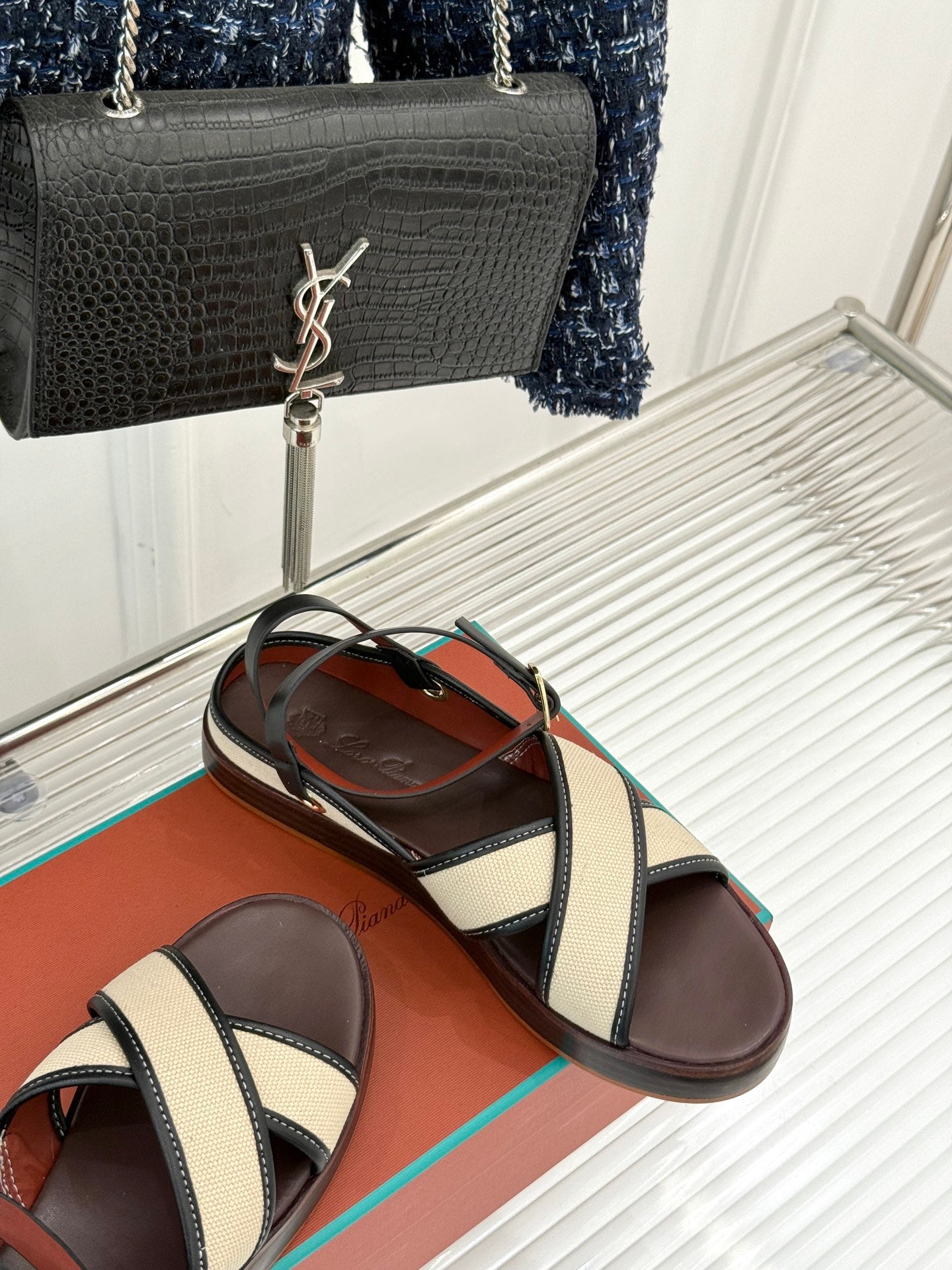 SANDALS THICK SOLE CROSS STRAP IN BEIGE FABRIC AND BROWN CALFSKIN