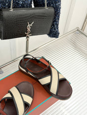SANDALS THICK SOLE CROSS STRAP IN BEIGE FABRIC AND BROWN CALFSKIN