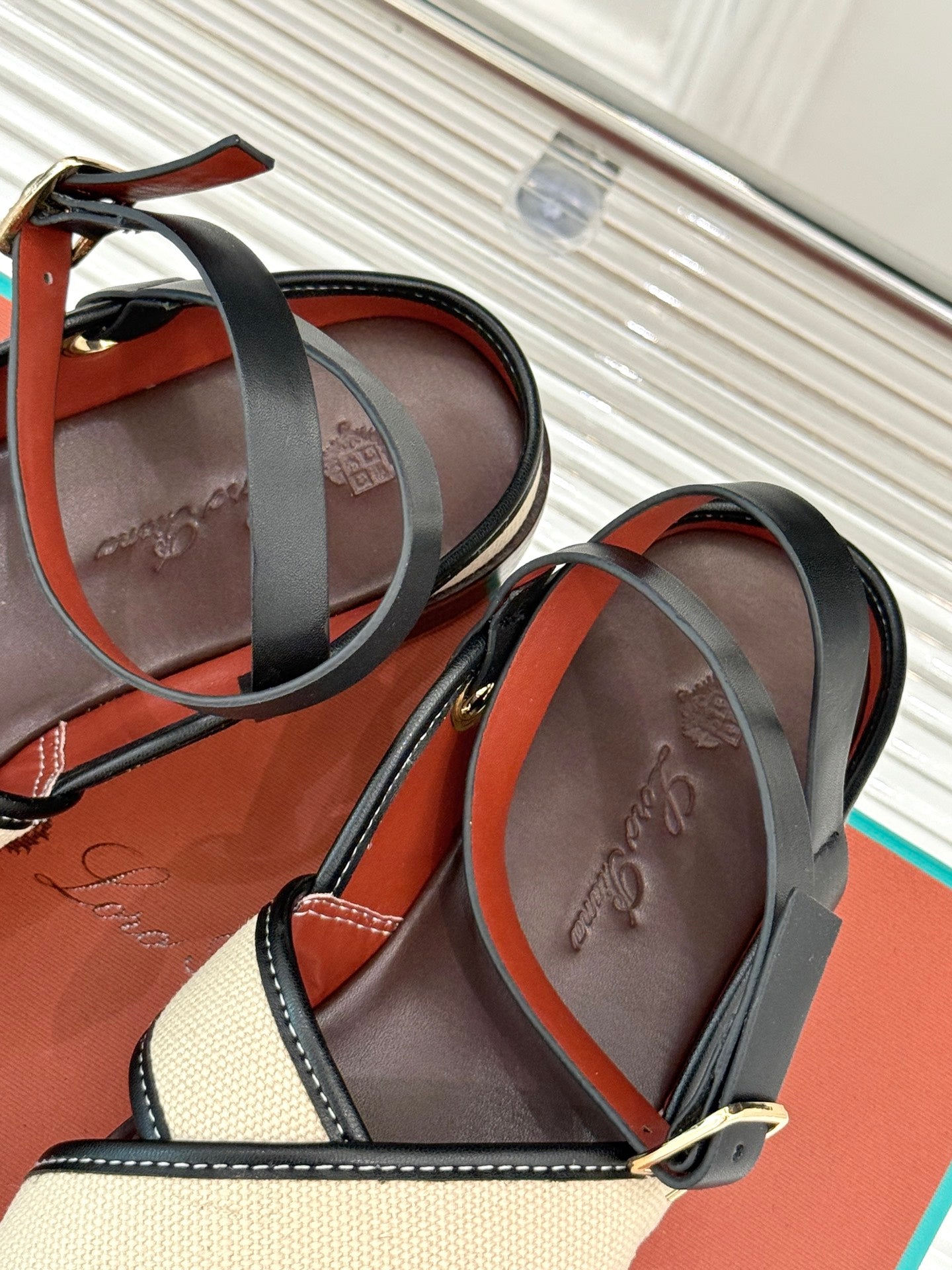 SANDALS THICK SOLE CROSS STRAP IN BEIGE FABRIC AND BROWN CALFSKIN