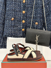 SANDALS THICK SOLE CROSS STRAP IN BEIGE FABRIC AND BROWN CALFSKIN