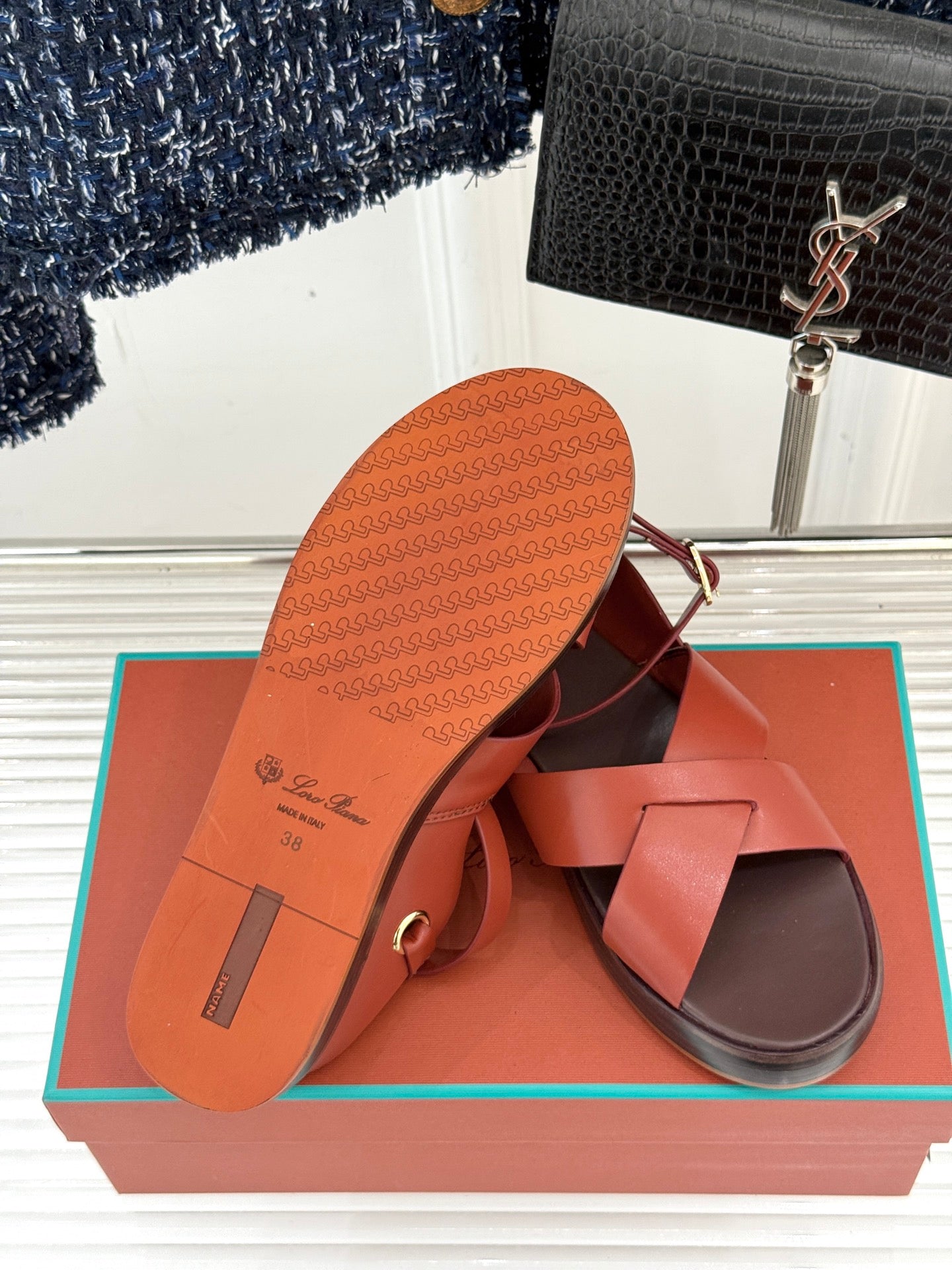 SANDALS THICK SOLE CROSS STRAP IN BURNT ORANGE AND BROWN CALFSKIN