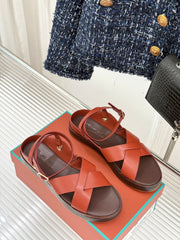 SANDALS THICK SOLE CROSS STRAP IN BURNT ORANGE AND BROWN CALFSKIN