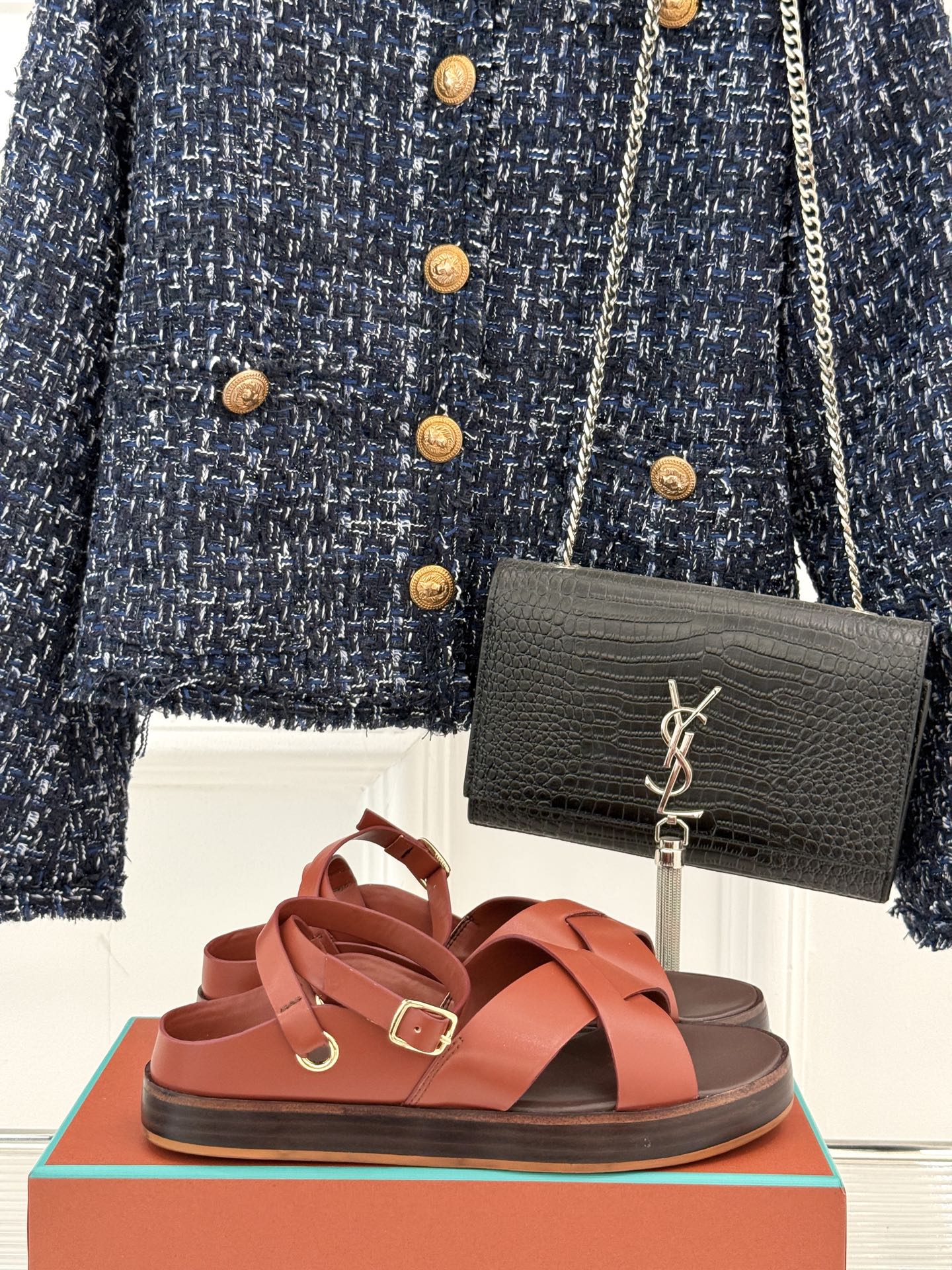 SANDALS THICK SOLE CROSS STRAP IN BURNT ORANGE AND BROWN CALFSKIN