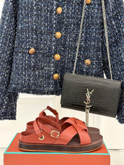 SANDALS THICK SOLE CROSS STRAP IN BURNT ORANGE AND BROWN CALFSKIN