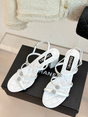 HIGH HEELS SANDAL IN WHITE LAMBSKIN PEARL FLOWERS