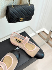 FLAT SHOES IN PINK MESH AND BLACK LAMBSKIN
