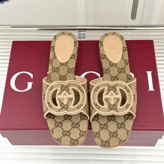 SLIDE SANDALS IN DARK BEIGE FABRIC EMBOSSED LOGO STYLE 3