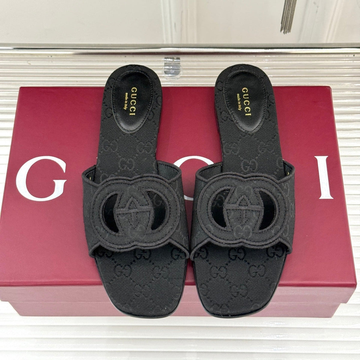 SLIDE SANDALS IN BLACK FABRIC EMBOSSED LOGO STYLE 1