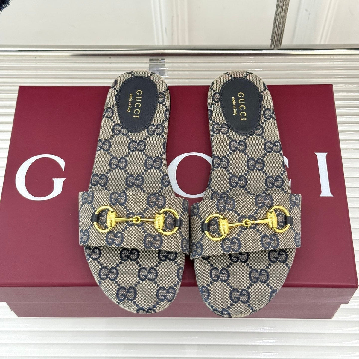 SLIDE SANDALS IN WARM BEIGE FABRIC EMBOSSED LOGO