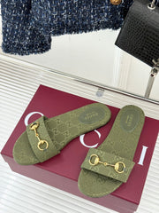 SLIDE SANDALS IN MOSS GREEN FABRIC EMBOSSED LOGO