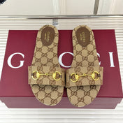 SLIDE SANDALS IN DARK BEIGE FABRIC EMBOSSED LOGO