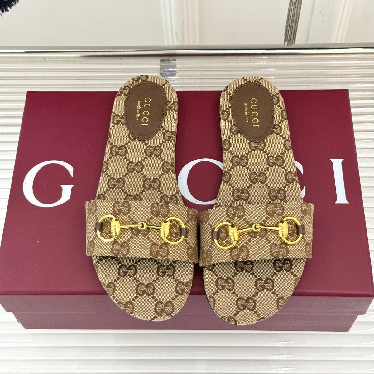 SLIDE SANDALS IN DARK BEIGE FABRIC EMBOSSED LOGO