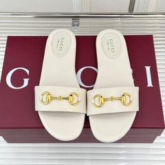 SLIDE SANDALS IN WHITE CALFSKIN WITH GOLD HARDWARE