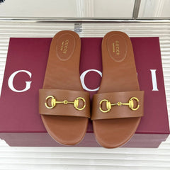 SLIDE SANDALS IN BROWN CALFSKIN WITH GOLD HARDWARE