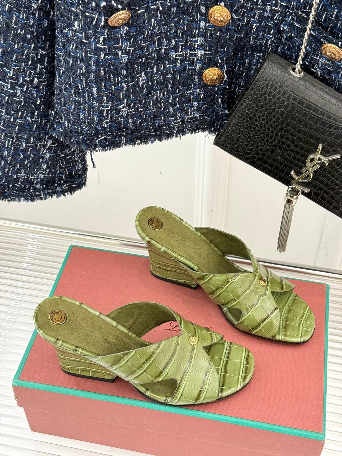 LP HIGH HEEL 25S IN MOSS GREEN LAMBSKIN SNAKE EMBOSSING