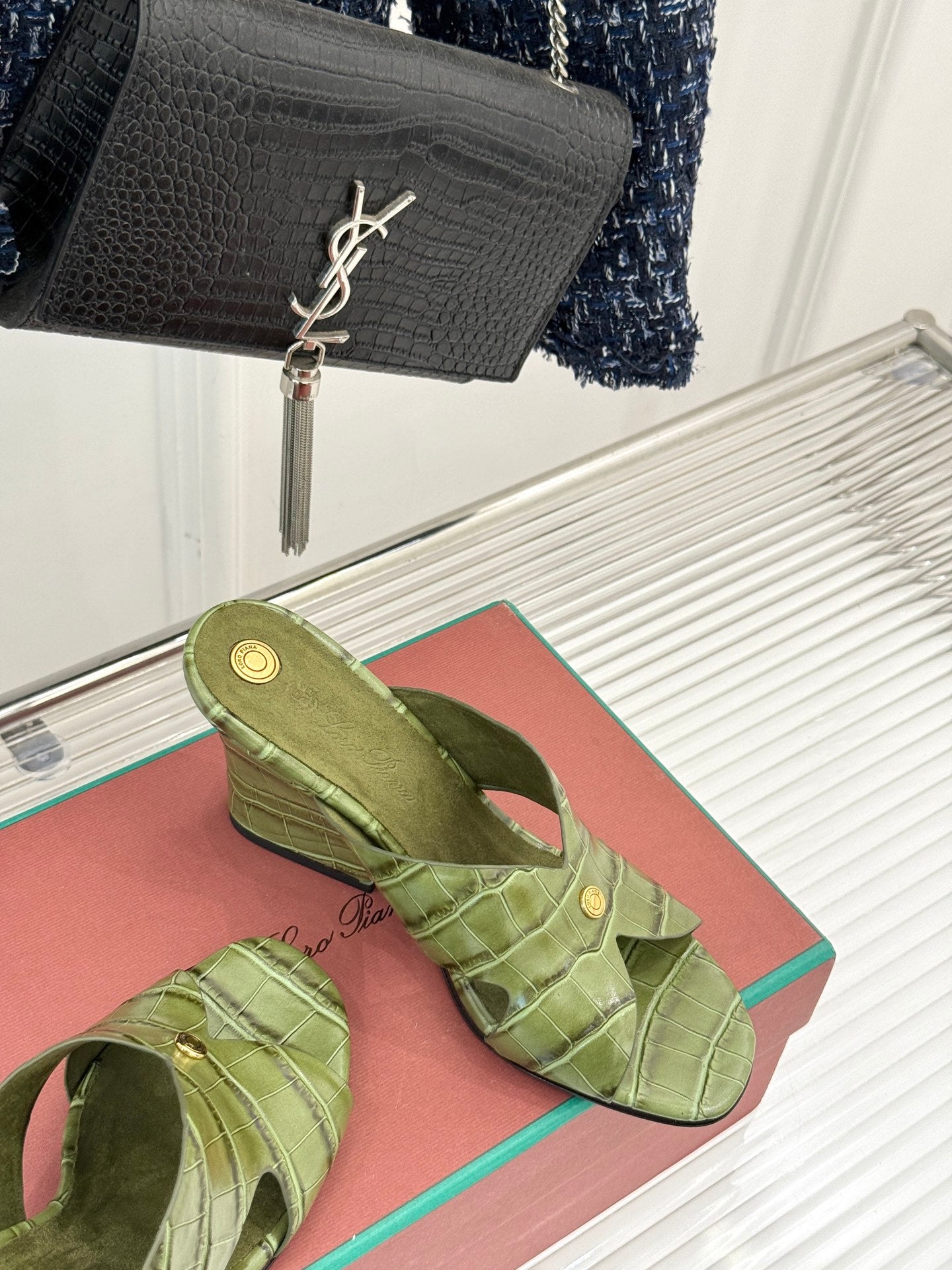 LP HIGH HEEL 25S IN MOSS GREEN LAMBSKIN SNAKE EMBOSSING