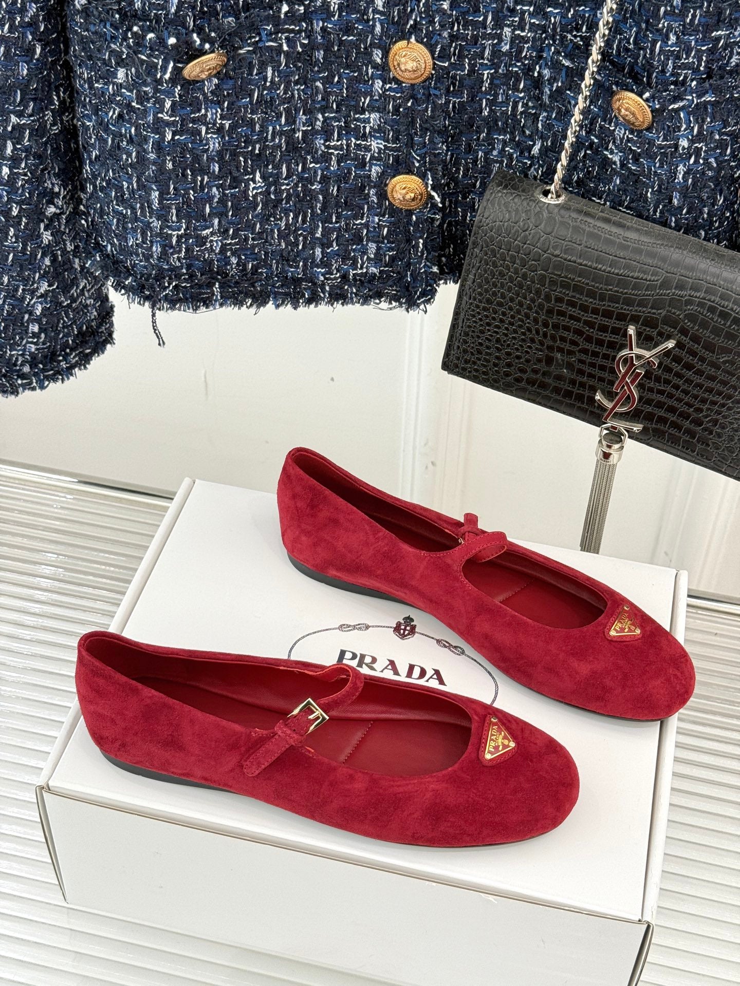 PRADA 25S SOFT PADDED BALLERINAS IN DARK RED SUEDE