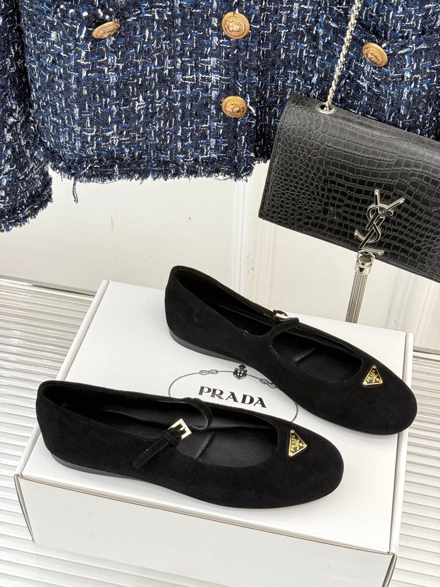 PRADA 25S SOFT PADDED BALLERINAS IN BLACK SUEDE