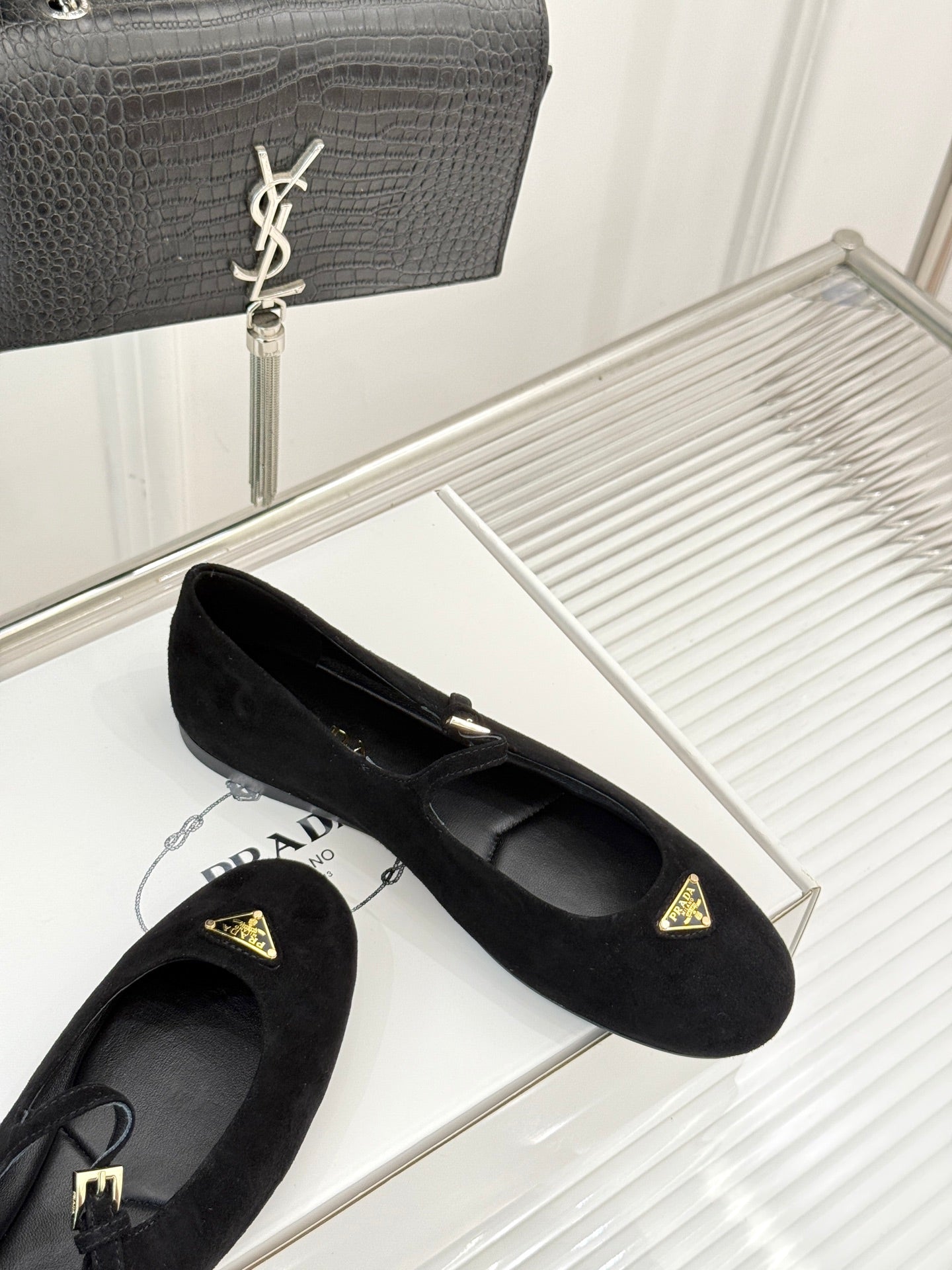 PRADA 25S SOFT PADDED BALLERINAS IN BLACK SUEDE