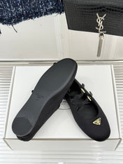 PRADA 25S DOUBLE STRAP BALLERINAS IN BLACK SATIN
